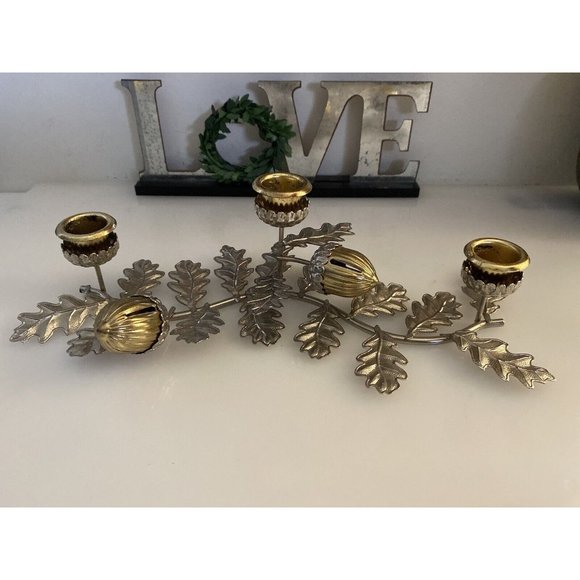 Silver & Gold Tone Horizontal Candlestick Stick Holder Leaf w Hazelnut Design - Picture 1 of 16